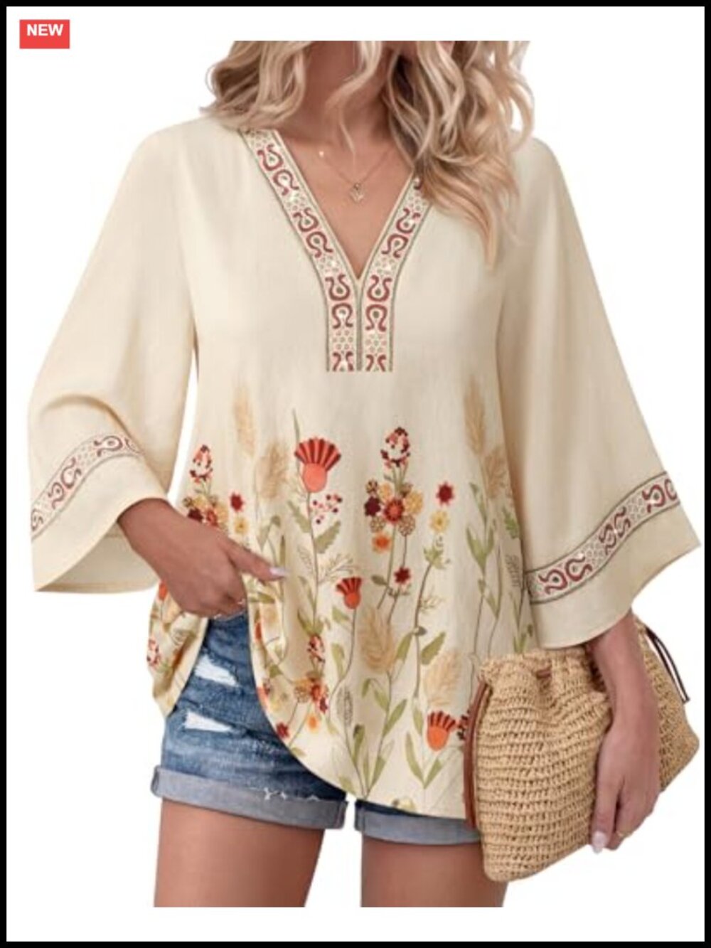 Boho 3/4 Bell Sleeve Embroidered V-Neck Tunic Blouse Gold Trim Dressy Casual - Picture 1 of 6